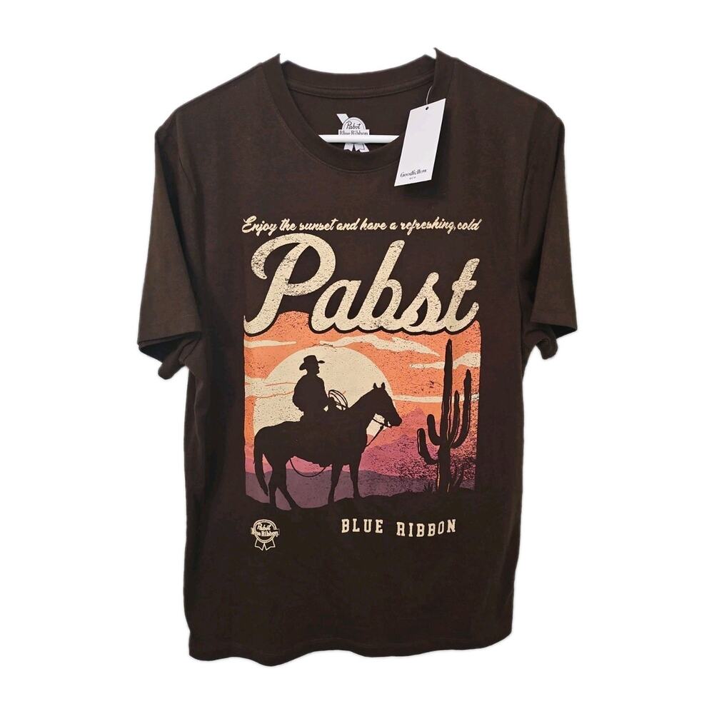 Pabst Blue Ribbon Cowboy Sunset T-shirt Medium Brown Western Beer NWT